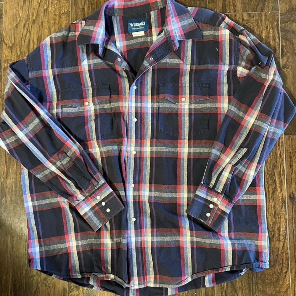 Wrangler Shirt Mens 2XL XXL Blue Pink Plaid Western Pearl Snap Long Sleeve